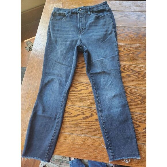 Good American Good Waist Crop Jeans Raw Edge Hem Skinny Dark Blue sz 15 - Picture 2 of 5